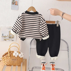 Boys Black Stripes Graphic Sweatshirt With Pants Sets