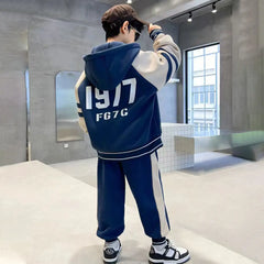 Boys Blue Alphanumeric Printed Oversized Hooded Zipper Jacket With Jogger Sets
