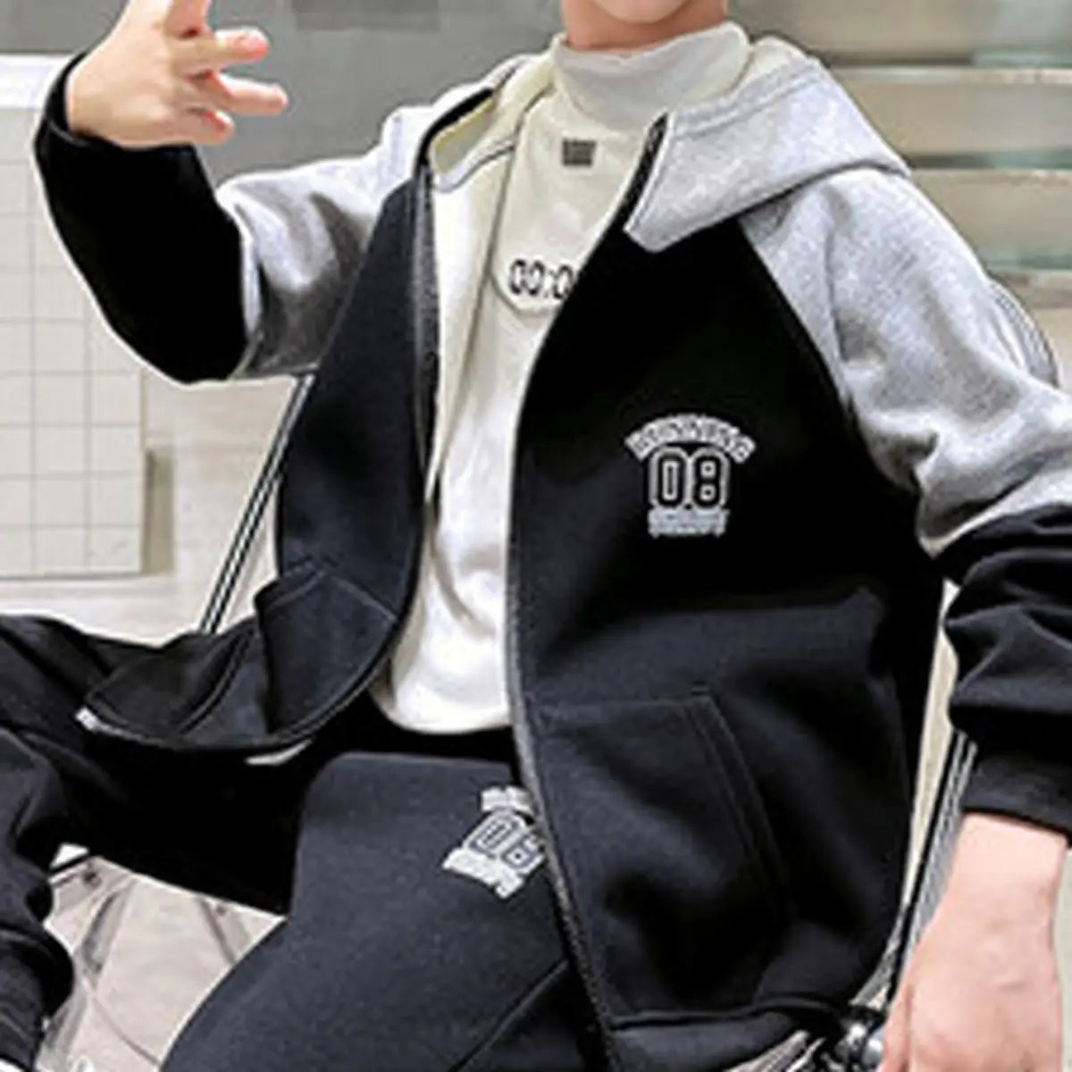 Boys Black Alphanumeric Printed Hooded Zipper Jacket With Jogger Sets