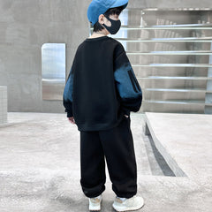 Boys Black Typographic Printed Sweatshirt With Jogger Winter Co-ord Sets