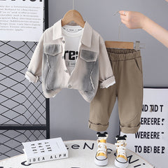 Boys Beige Solid Shacket With Printed T-Shirt & Pants Set