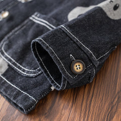 Boys Black Panda Printed Denim Jacket With T-Shirt & Joggers Set