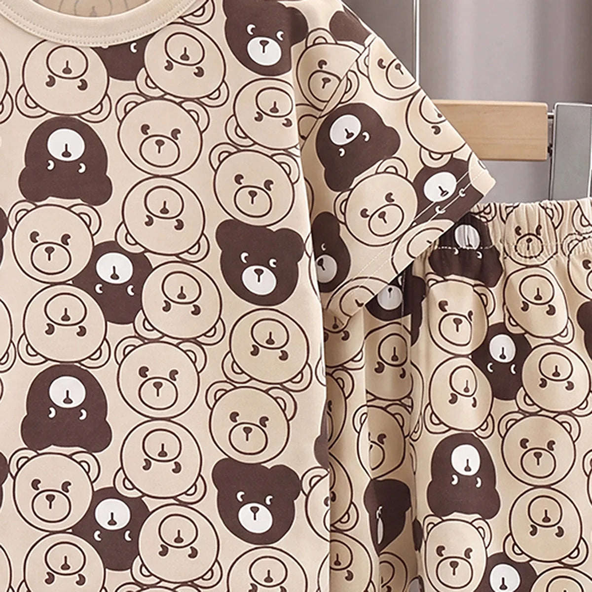Boys Beige Short Sleeve Bear Print T-Shirt With Shorts Sets