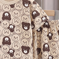 Boys Beige Short Sleeve Bear Print T-Shirt With Shorts Sets