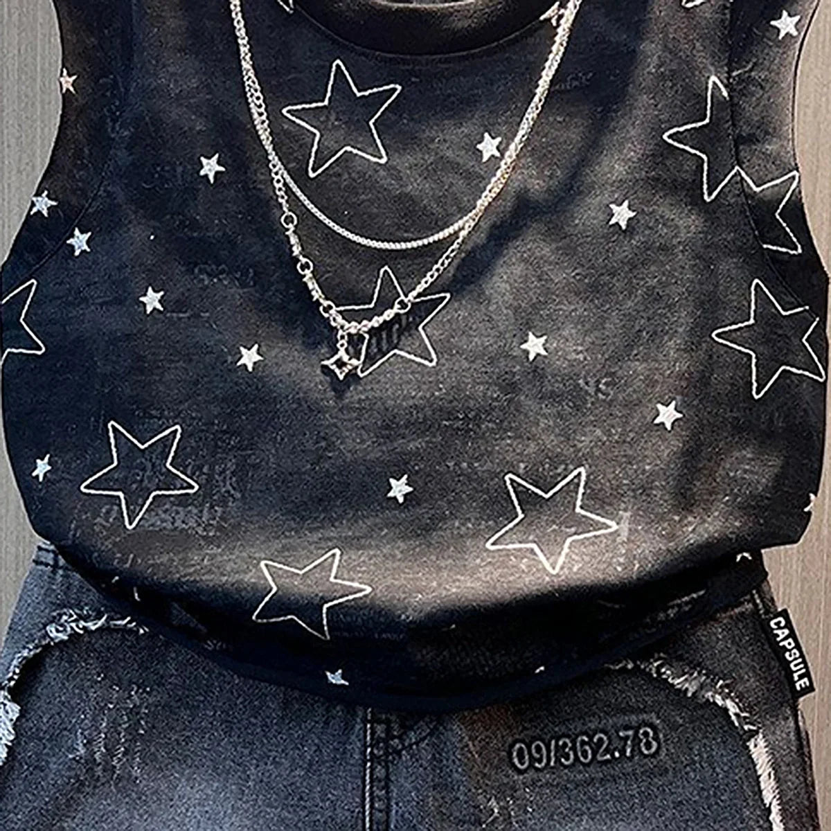 Boys Black Star Print Sleeveless T-Shirt With Denim Shorts Sets