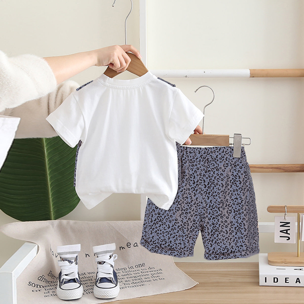 Boys Attached Waistcoat T-Shirt With Purple Animal Printed Shorts Set