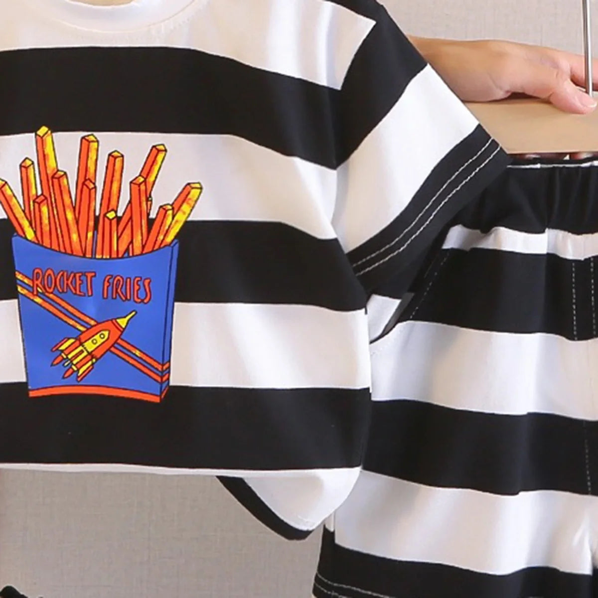 Boys Black Rocket Fries Striped T-Shirt With Elasticated Shorts Sets