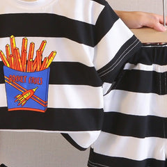 Boys Black Rocket Fries Striped T-Shirt With Elasticated Shorts Sets