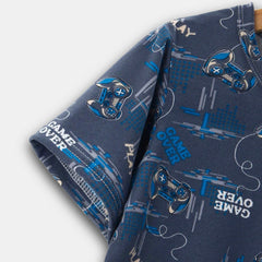 Boys Blue Gaming Print T-Shirt With Shorts And Pajama Set