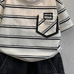 Boys Black Short Sleeve Striped T-Shirt With Denim Shorts Sets