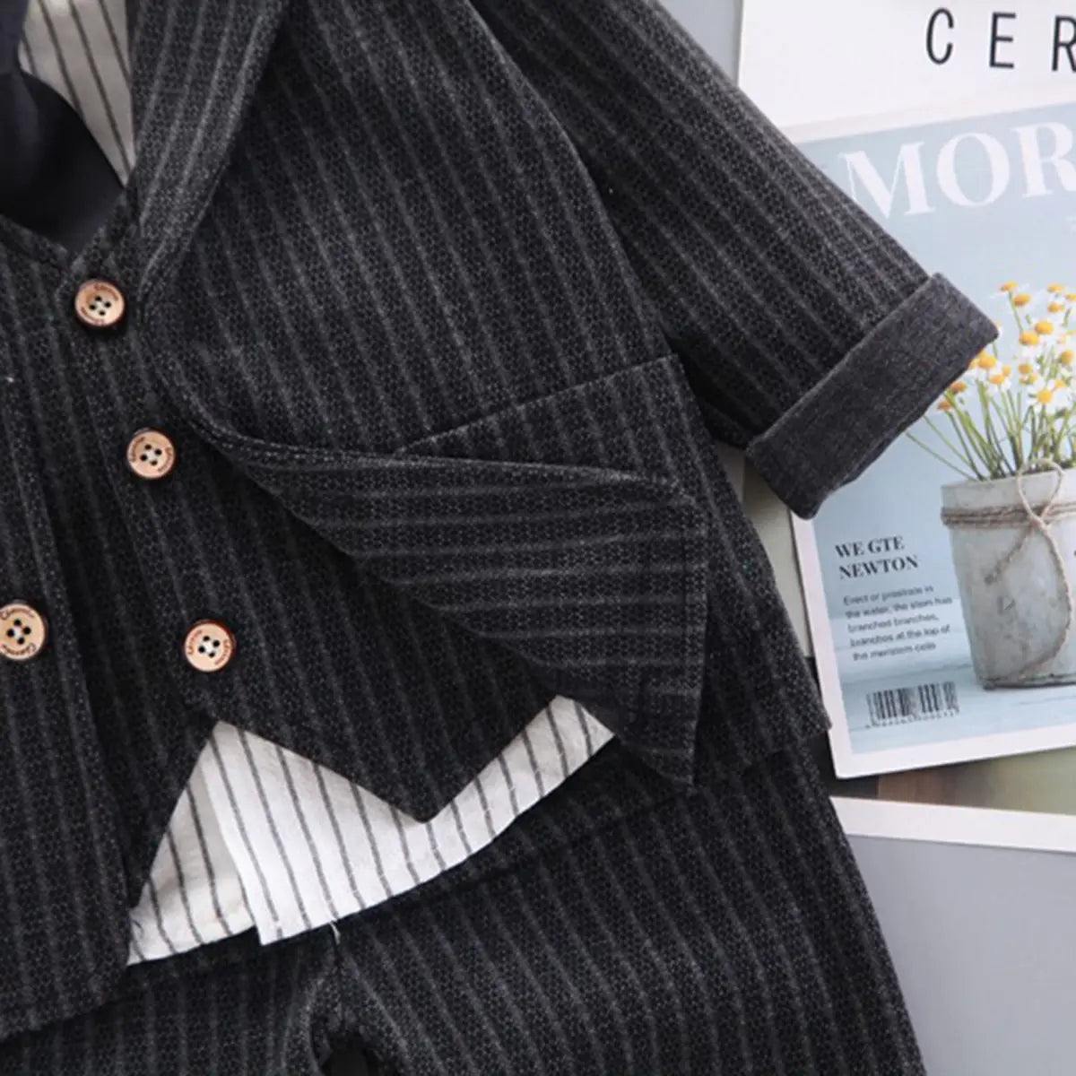 Boys Black Pin Stripes Five-Piece Suit with Vest and Tie Sets