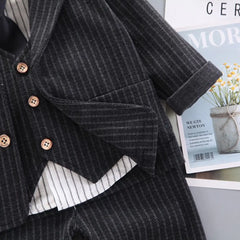 Boys Black Pin Stripes Five-Piece Suit with Vest and Tie Sets