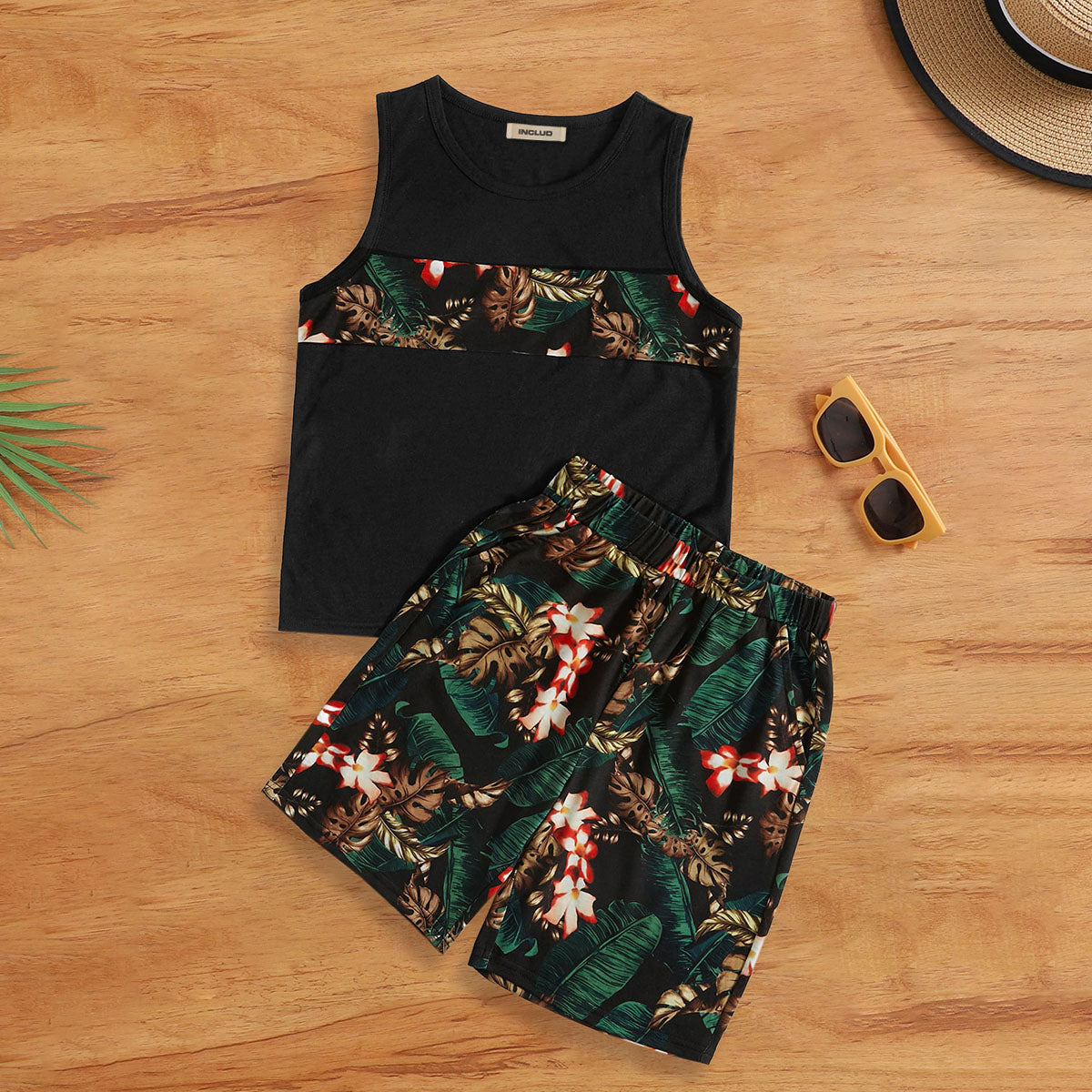 Boys Black Tropical Printed Sleeveless Vest With Shorts Set