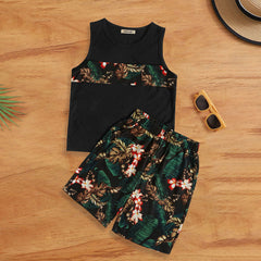 Boys Black Tropical Printed Sleeveless Vest With Shorts Set