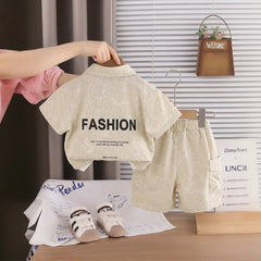 Boys Beige Typographic Printed Shirt With Printed T-shirt And Shorts Sets