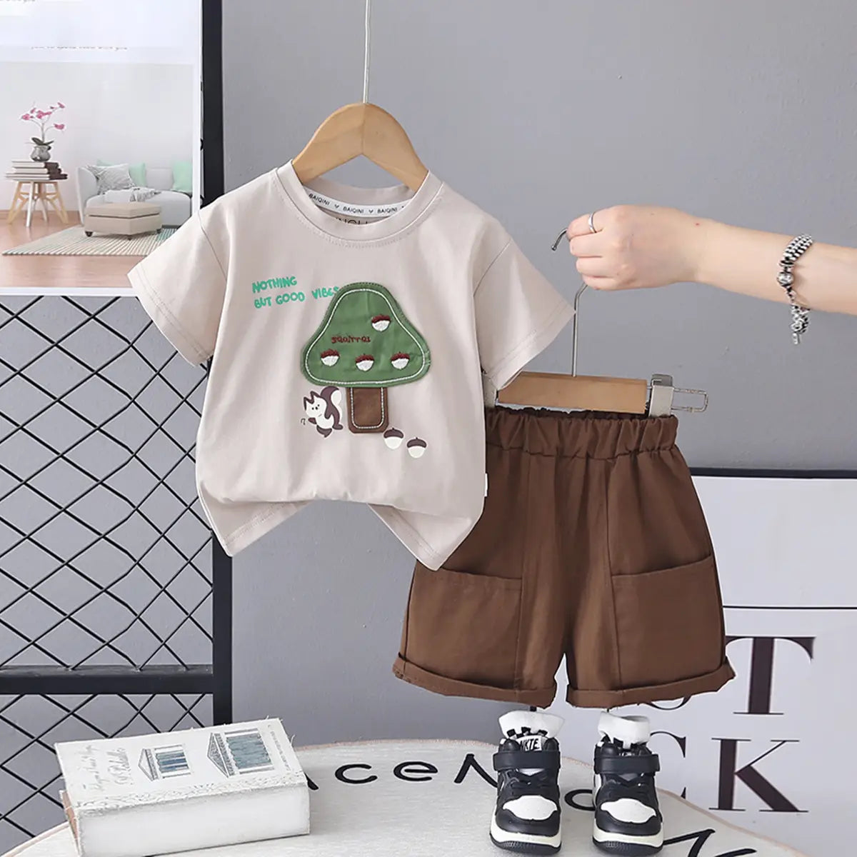 Boys Beige Mushroom Graphic T-Shirt With Shorts Sets