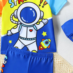 Boys Blue Astronaut Print T-Shirt With Shorts & Swim Cap Swimwear Sets