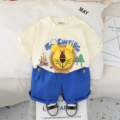 Boys 3D Lion Appliqued T-Shirt With Blue Shorts Set