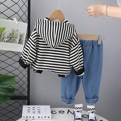 Boys Black Stripes Hooded Zipper Jacket With Denim Jogger Sets