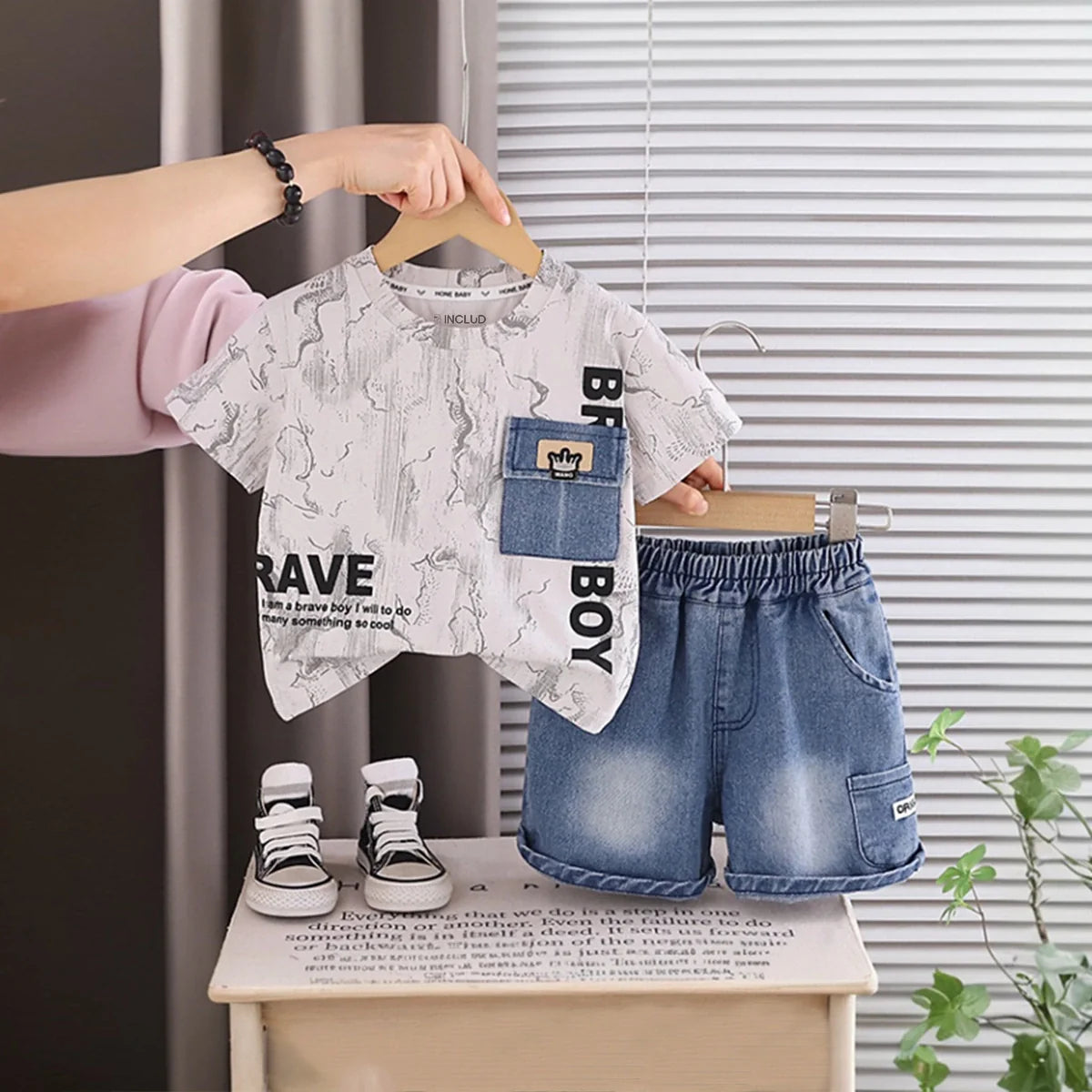 Boys Beige Typographic Printed Short Sleeve T-Shirt With Denim Shorts Sets