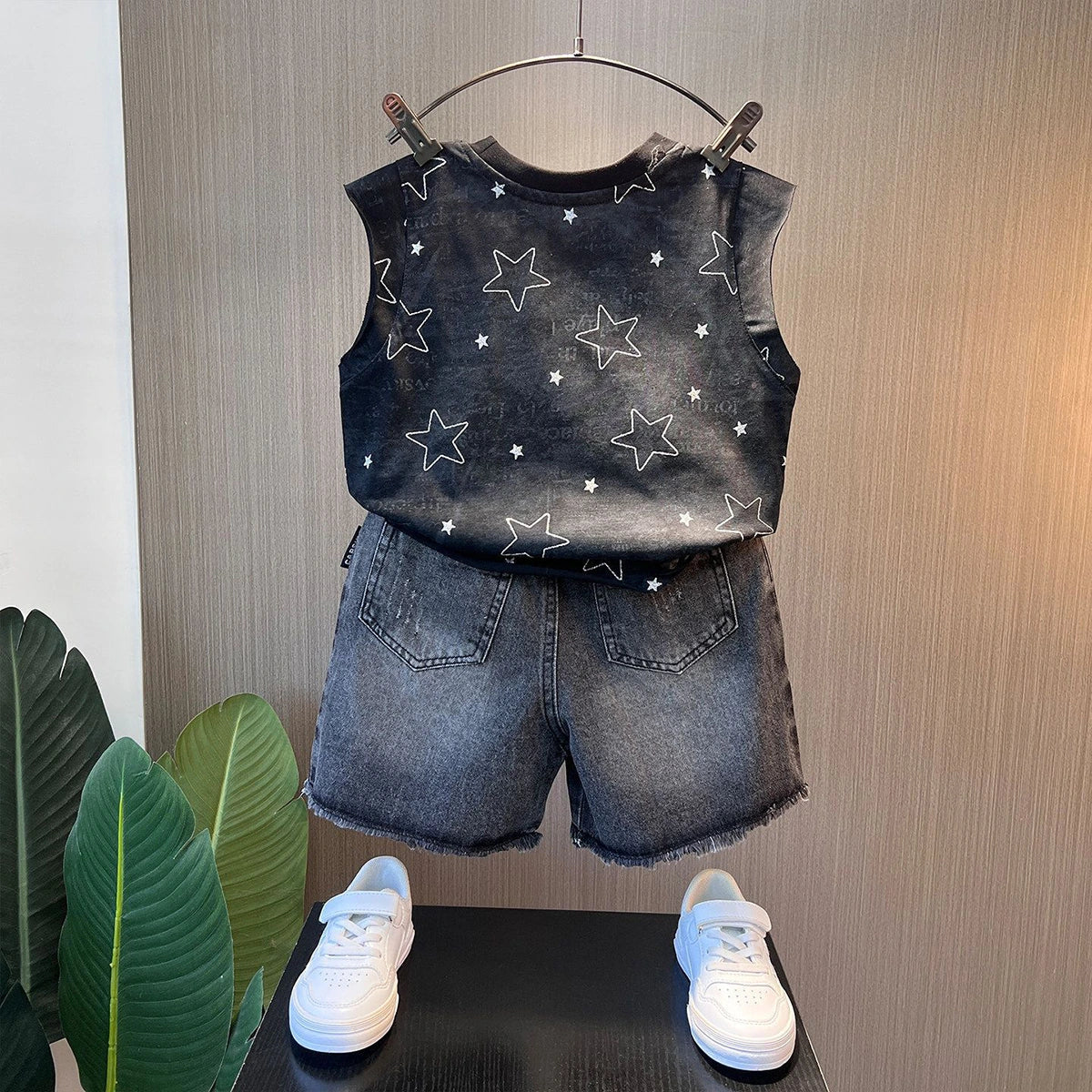 Boys Black Star Print Sleeveless T-Shirt With Denim Shorts Sets