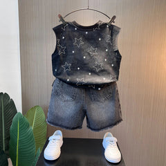 Boys Black Star Print Sleeveless T-Shirt With Denim Shorts Sets