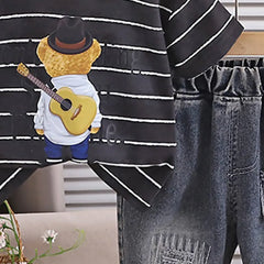 Boys Black Striped Bear Graphic T-Shirt With Denim Shorts Sets