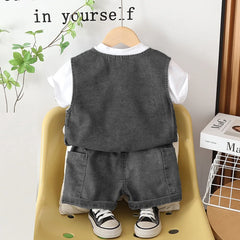 Boys Black Denim Sleeveless Vest & Shorts With Printed T-Shirt Sets