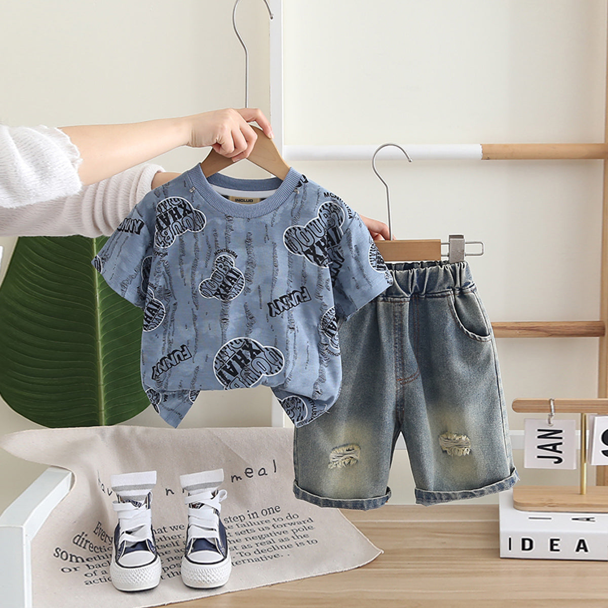Boys Blue Graphic Printed Short Sleeves T-Shirt With Shorts Set