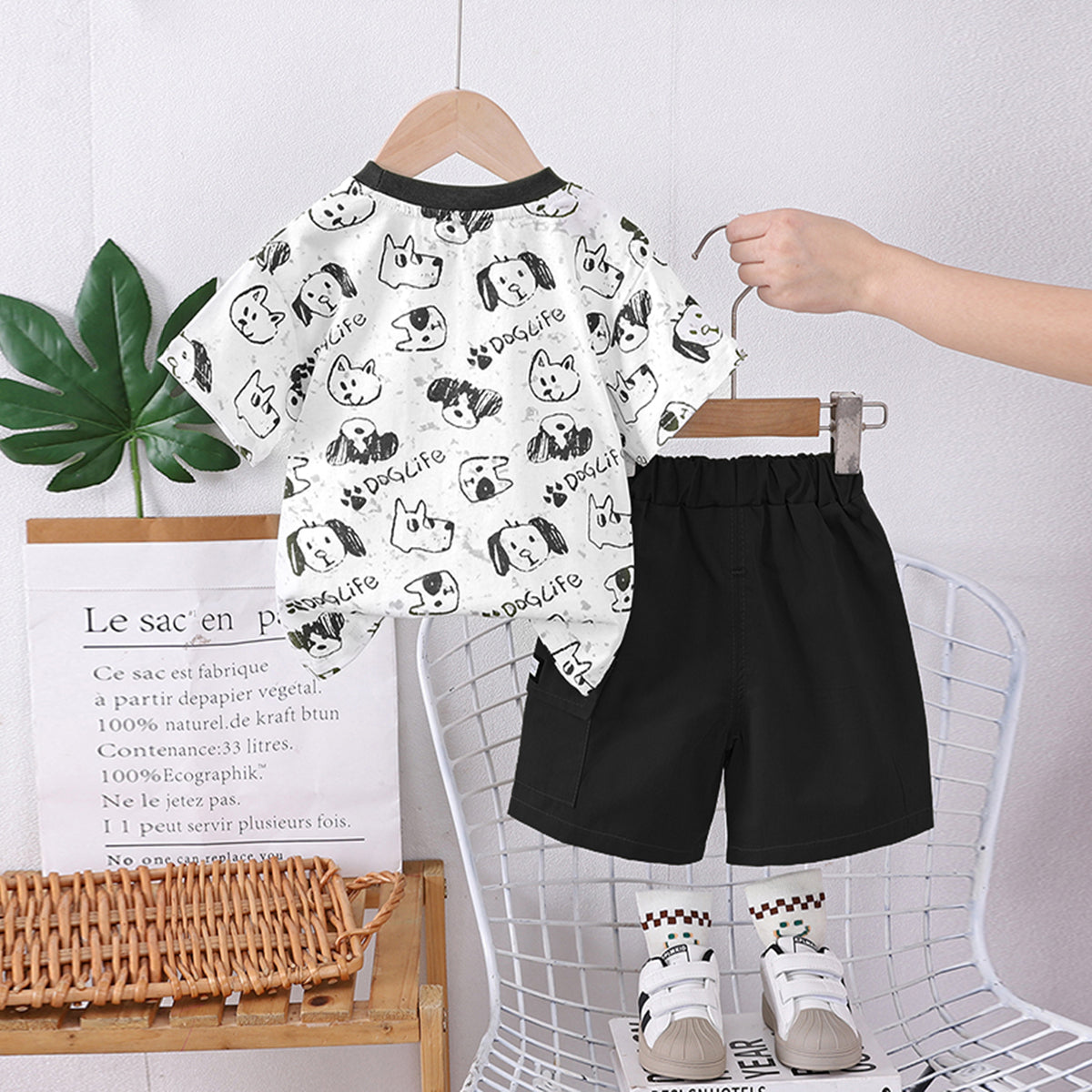 Boys Black Dog Printed Short Sleeves T-shirt With Shorts Set