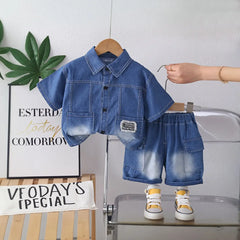 Boys Blue Denim Short Sleeves Shirt & Shorts Co-ord Sets