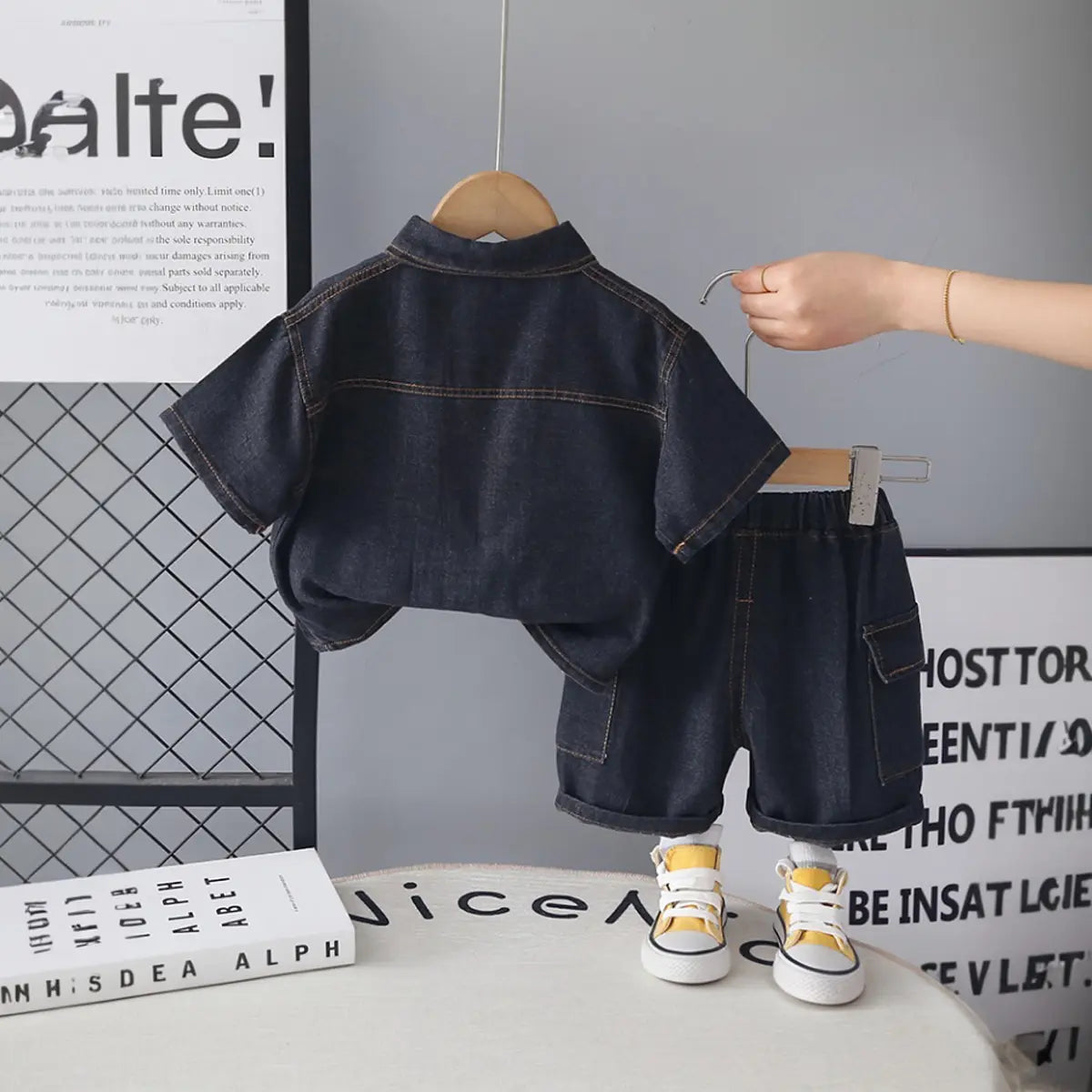 Boys Black Denim Shirt & Shorts With Printed T-Shirt Sets