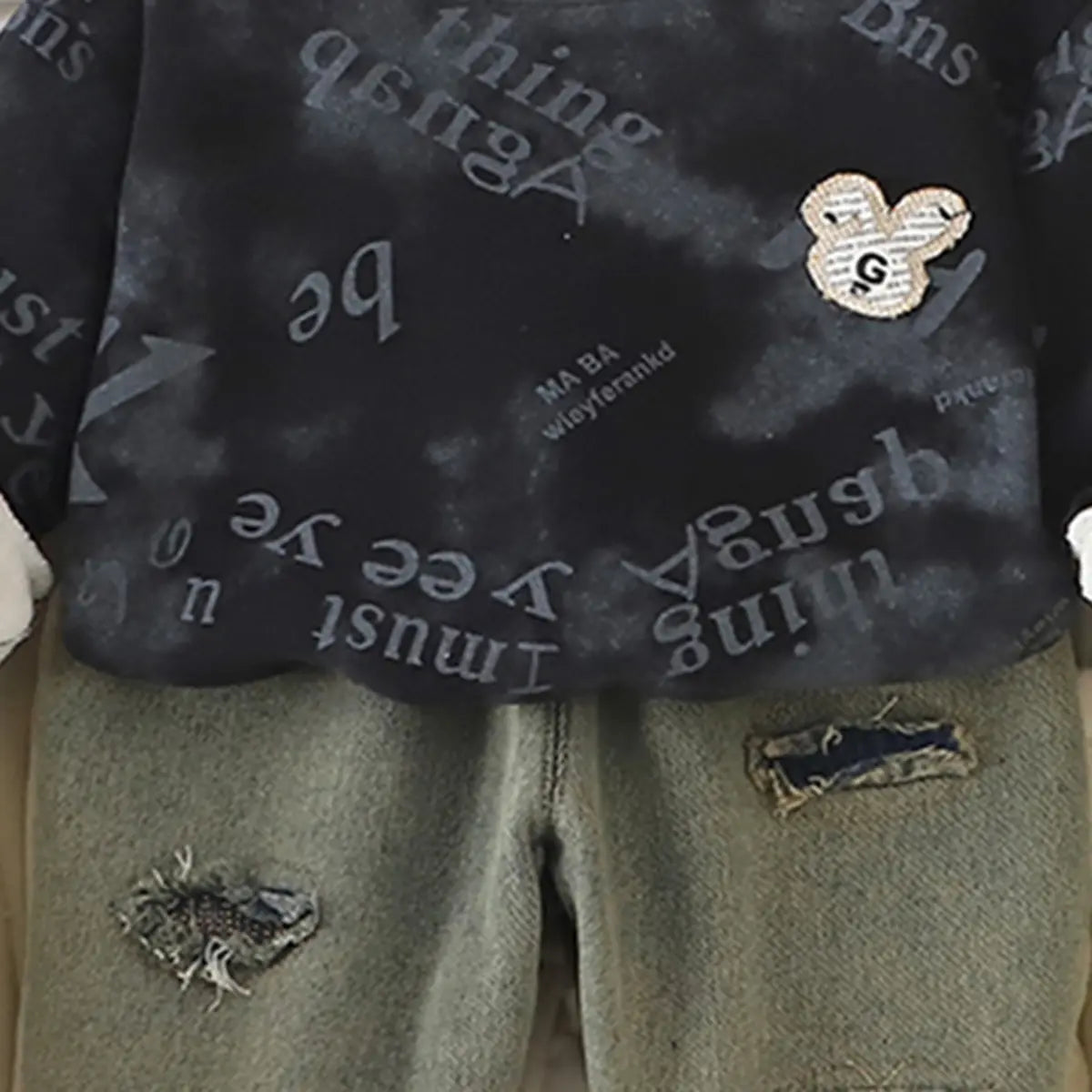 Boys Black Typographic Regular Sweatshirt With Denim Trousers Sets