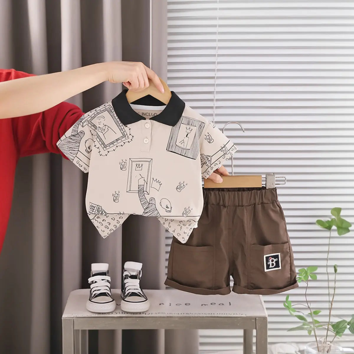 Boys Apricot Printed Short Sleeve Polo T-Shirt With Elasticated Shorts Sets