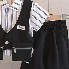 Boys Black Stripes Attached Front Waistcoat Shirt With Shorts Sets