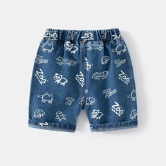 Boys Blue Animal Cartoon Printed Denim Shorts