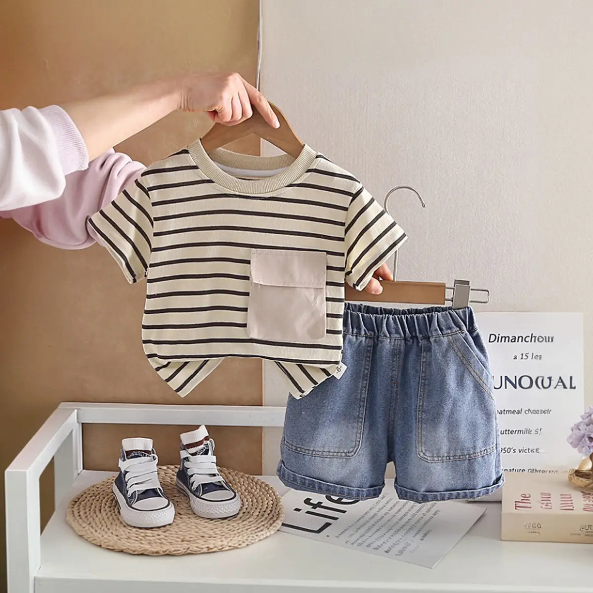 Boys Beige Striped T-Shirt With Pocket & Denim Shorts Sets