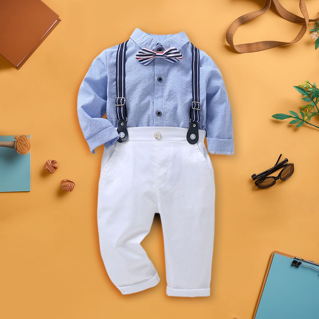 Boys Blue Long Sleeve Stripes Shirt With Suspender Pants Set