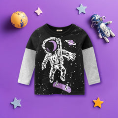 Boys Black Astronaut Print Doctor Sleeves T-shirt