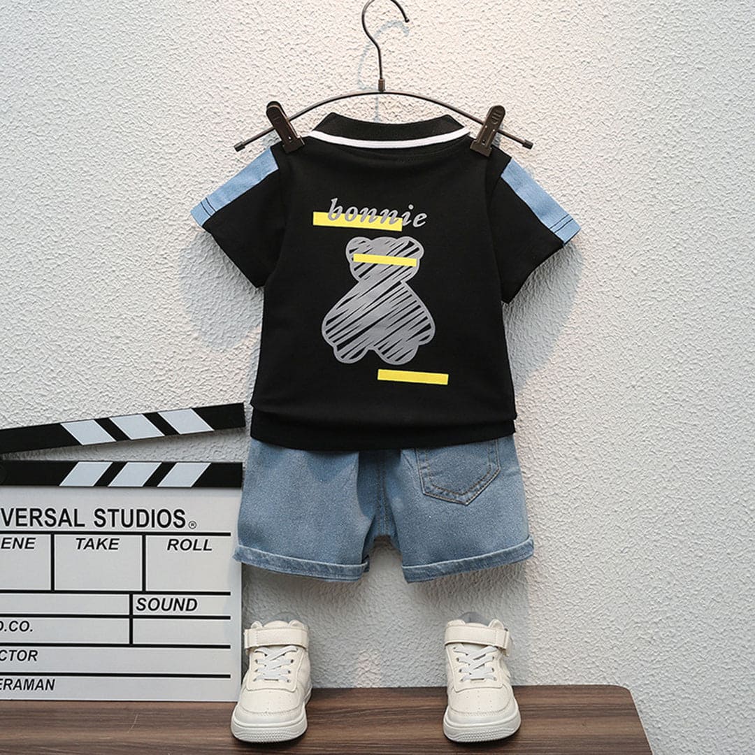 Boys Black Graphic Polo T-Shirt With Denim Shorts Set