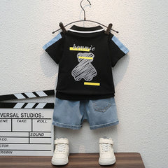 Boys Black Graphic Polo T-Shirt With Denim Shorts Set