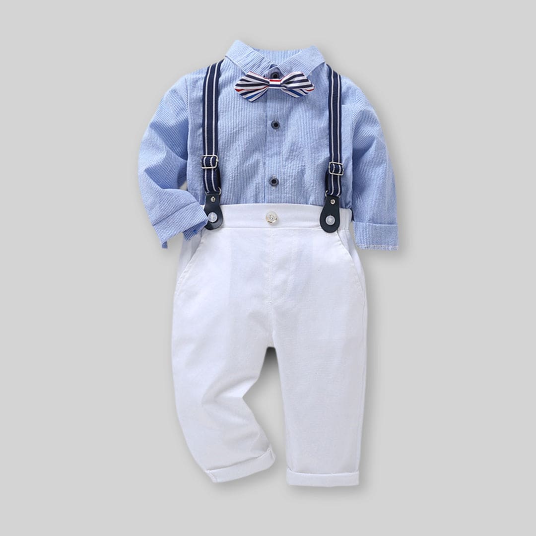 Boys Blue Long Sleeve Stripes Shirt With Suspender Pants Set