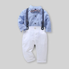 Boys Blue Long Sleeve Stripes Shirt With Suspender Pants Set