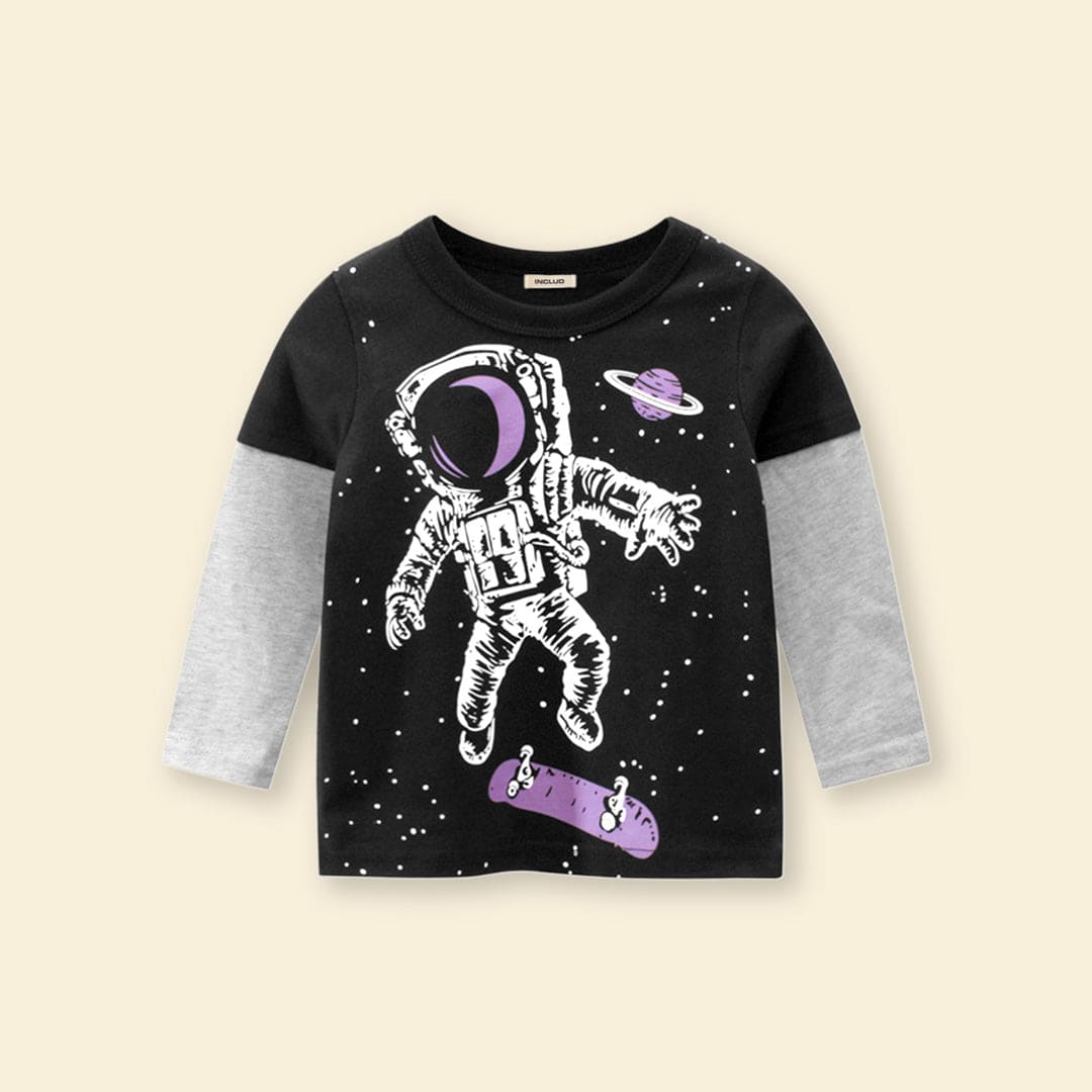 Boys Black Astronaut Print Doctor Sleeves T-shirt