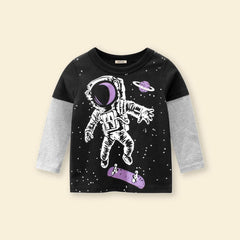 Boys Black Astronaut Print Doctor Sleeves T-shirt