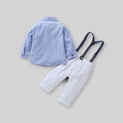 Boys Blue Long Sleeve Stripes Shirt With Suspender Pants Set