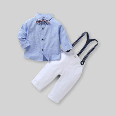 Boys Blue Long Sleeve Stripes Shirt With Suspender Pants Set