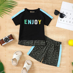 Boys Black Printed Short Sleeves T-shirt with Shorts Set