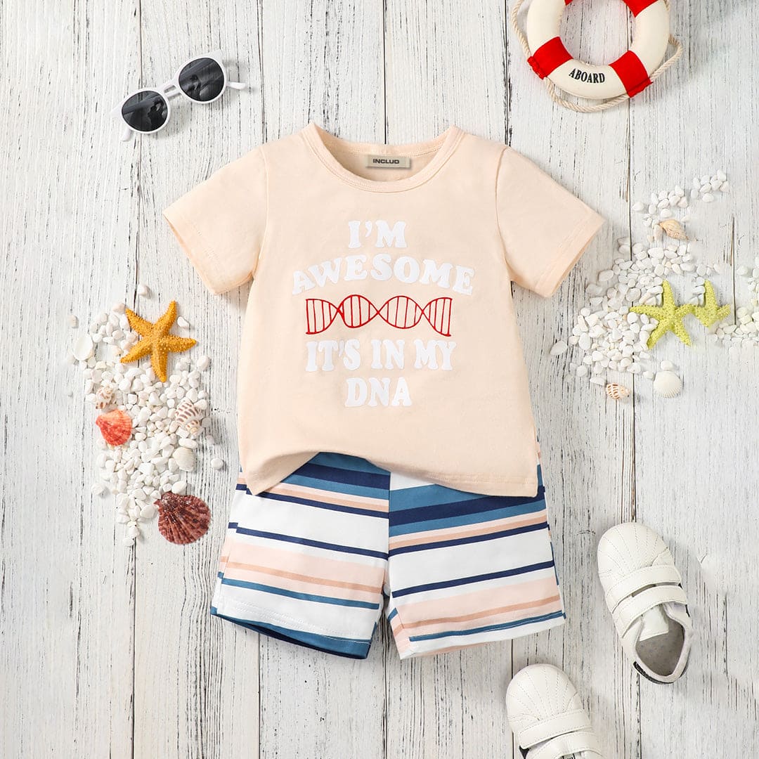 Boys Apricot Printed Short Sleeves T-shirt with Striped Shorts Set