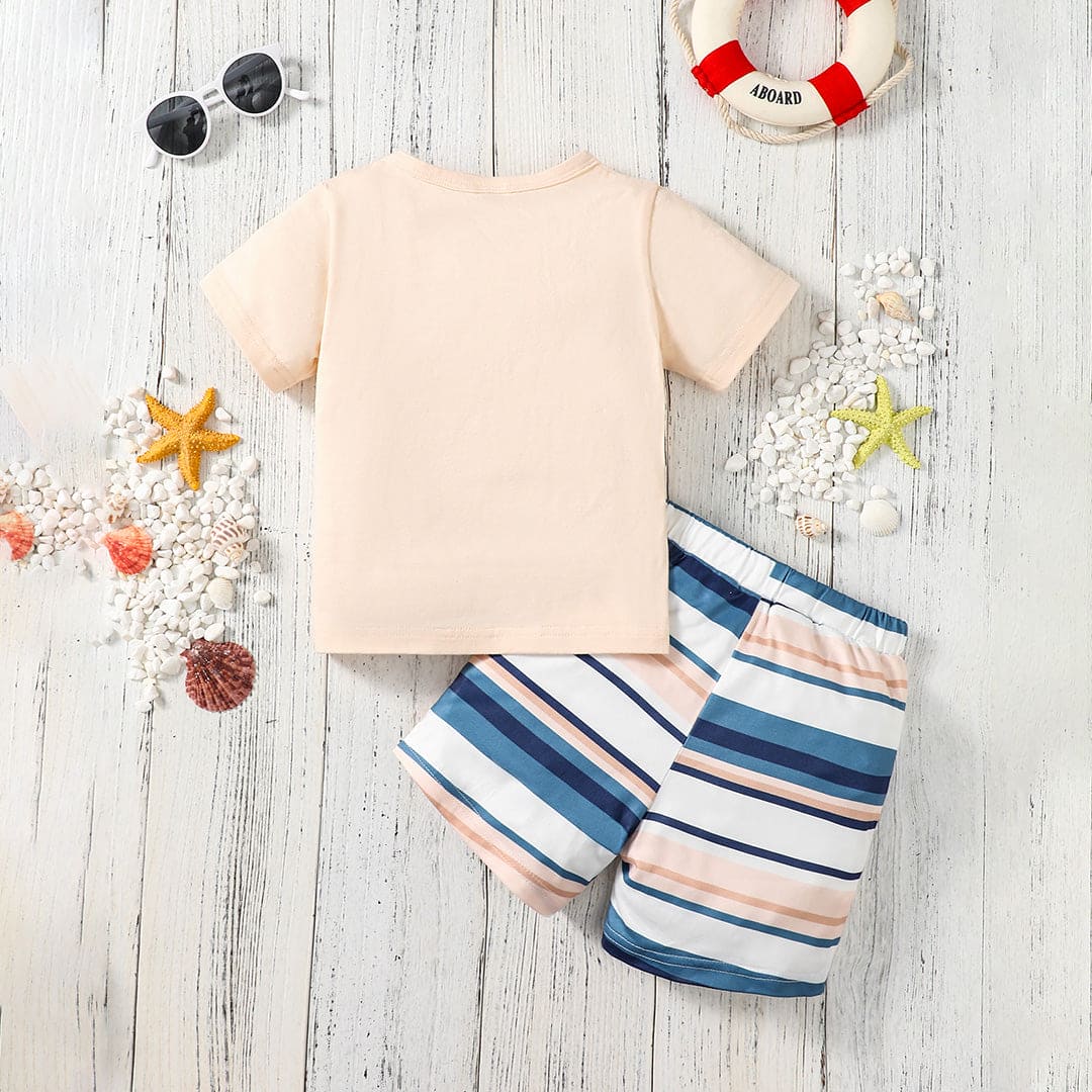 Boys Apricot Printed Short Sleeves T-shirt with Striped Shorts Set